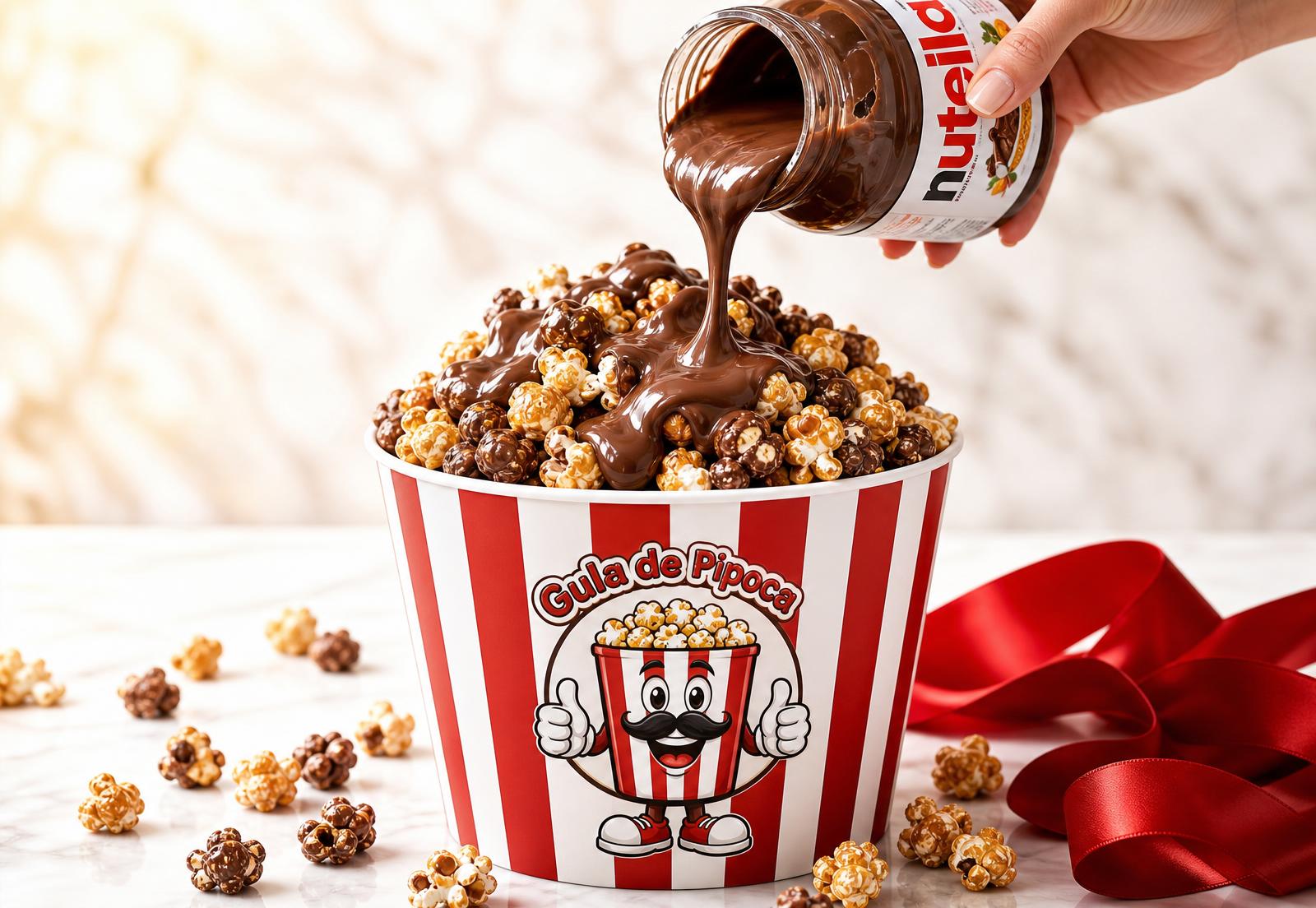 Balde Gula de Pipoca com pipoca gourmet e Nutella sendo derramada
